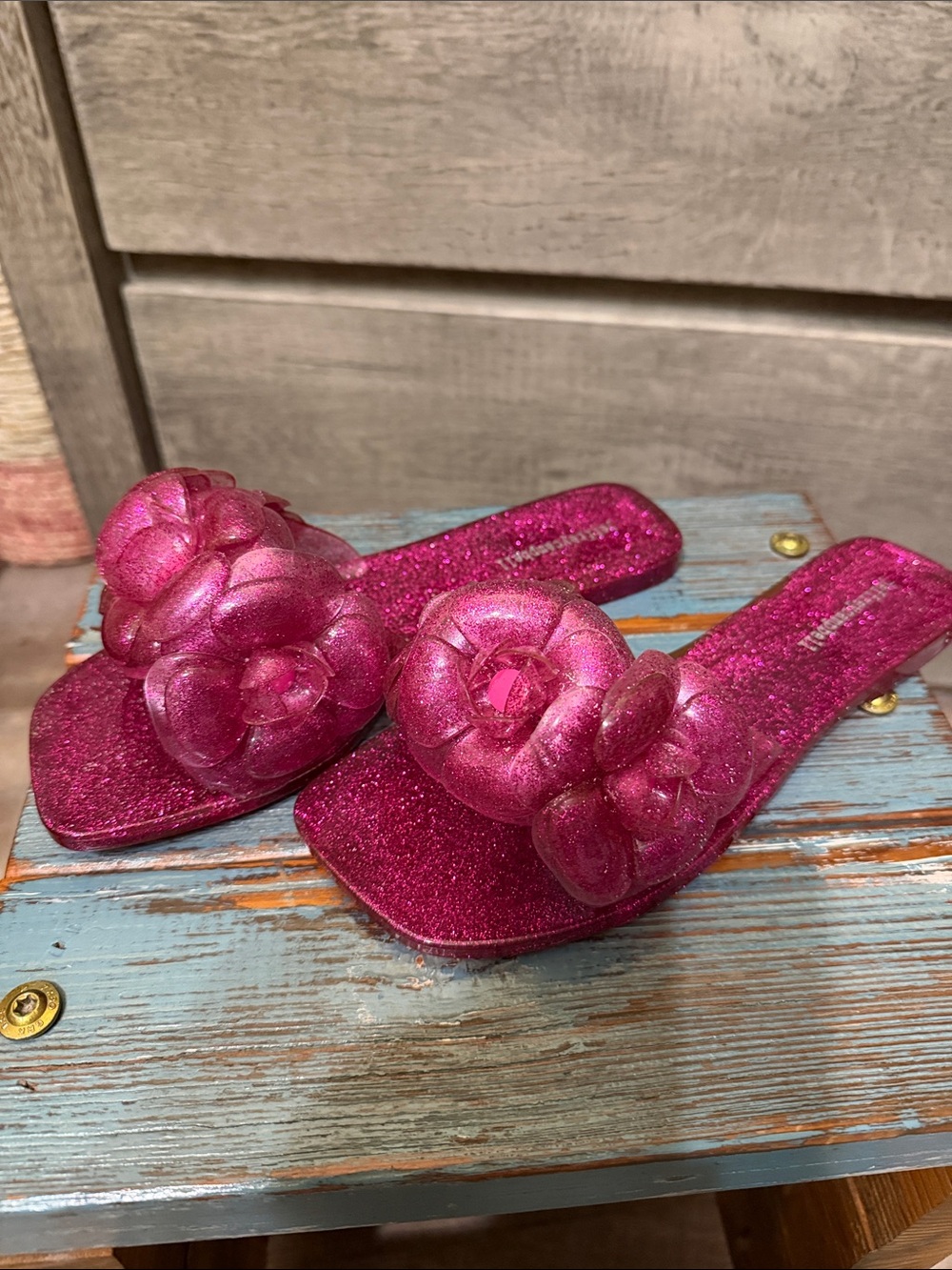 Jeffrey Campbell Glitter Floral Slide Jelly sandals in Magenta